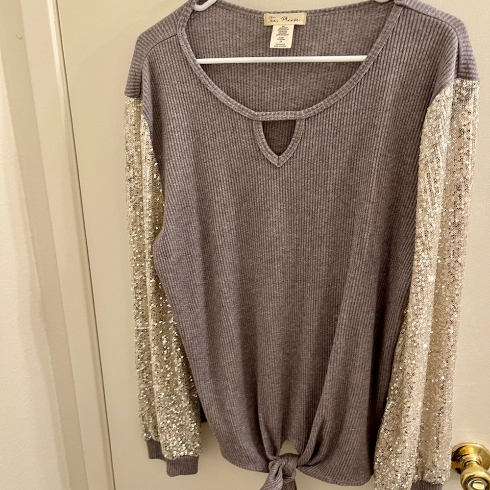 Tea Please Grey Sweater with Sequin Sleeves